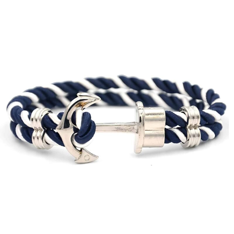 Bracelet ancre homme corde bleu et blanc argent Men's Anchor Bracelet with Blue and White Cord in Silver