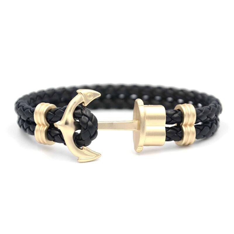 Bracelet ancre homme cuir tresse noir et or Men's Black and Gold Braided Leather Anchor Bracelet