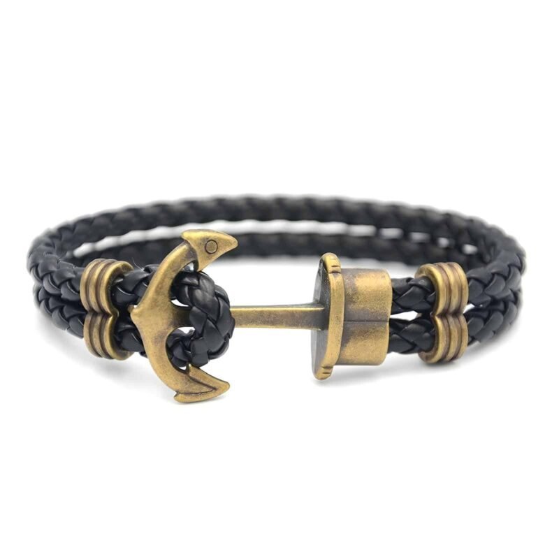 Bracelet ancre homme cuir tresse noir Anchor Bracelet for Men, Black Braided Leather