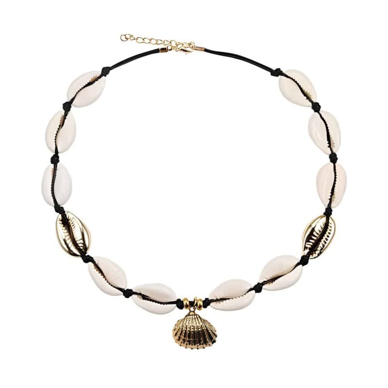 Collier ras de cou noir et coquillages or Black Choker Necklace with Golden Shells